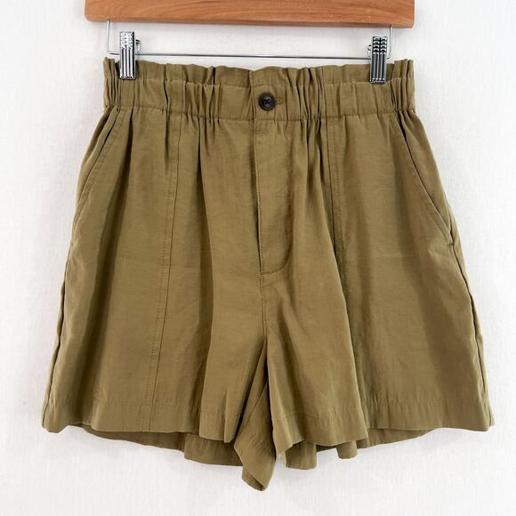 Madewell Paperbag Shorts XS Olive Green Seamed Pull-On in Softdrape Tawny Olive - Picture 2 of 9